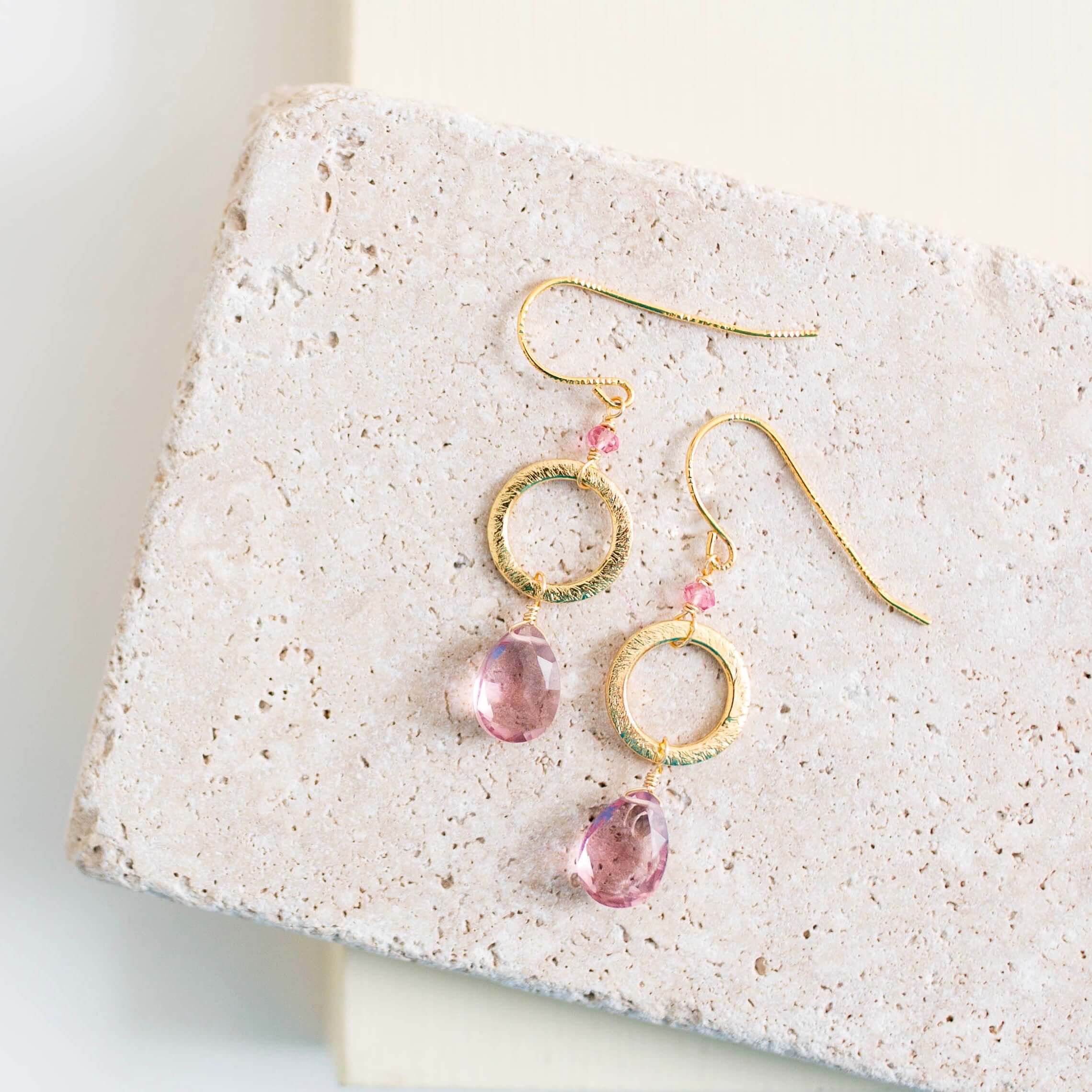Pink garnet gold teardrop earrings in 14K gold plated sterling silver handmade by PARKEN JEWELRY