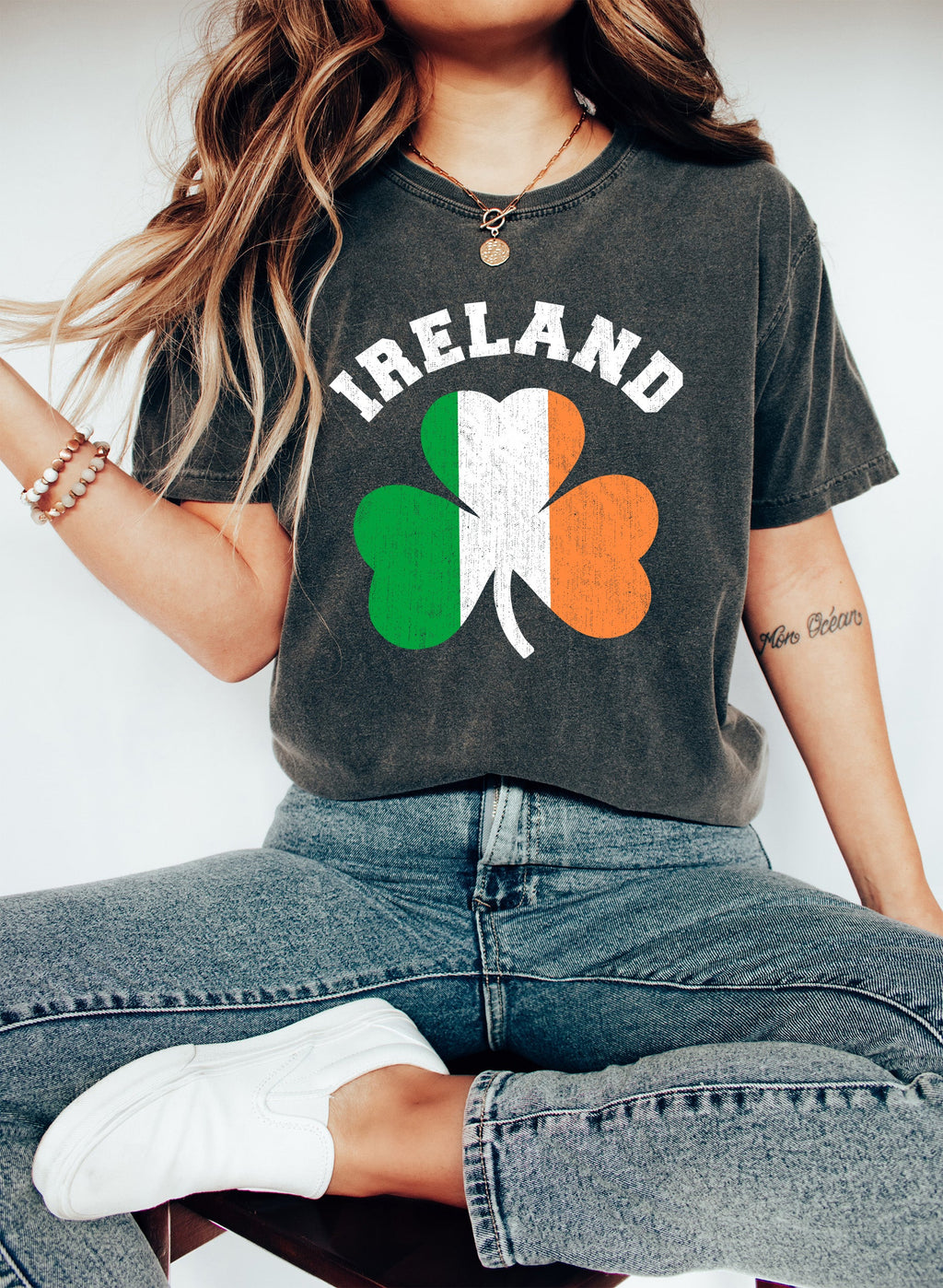 Person wearing Ireland flag clover St. Patrick's Day Comfort Colors t-shirt soft cotton unisex tee Irish pride