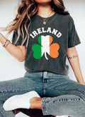 Person wearing Ireland flag clover St. Patrick's Day Comfort Colors t-shirt soft cotton unisex tee Irish pride