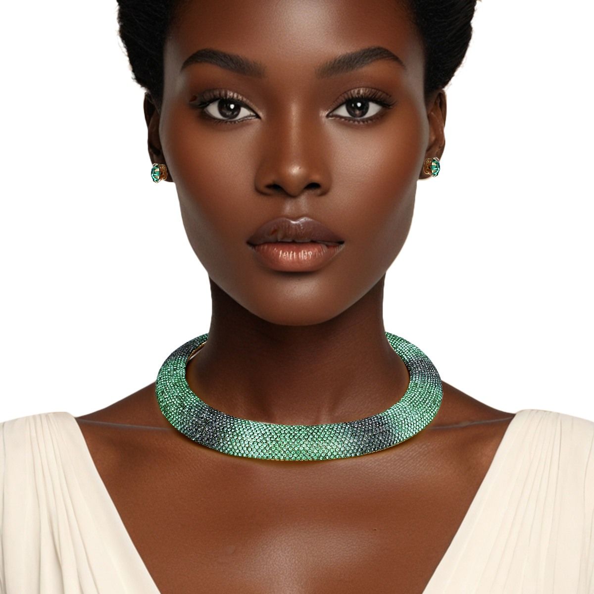Woman wearing green pave stone torque collar necklace with gold omega chain for St. Patrick's Day