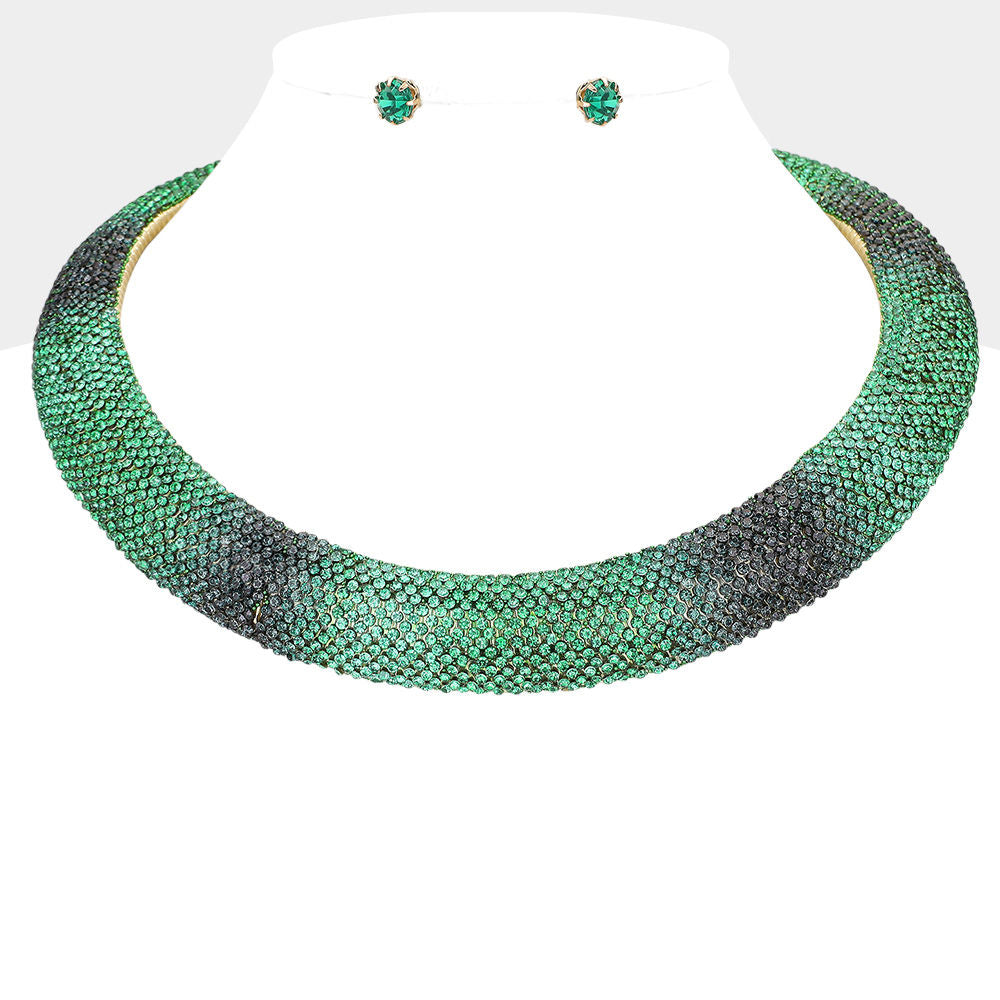 Gold collar choker necklace with green stone detailing and matching earrings for St. Patrick's Day celebrations