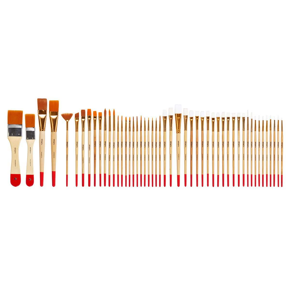 Complete 50 piece artist paint brush set lined up showing variety of brush types styles and bristles - wooden handle nylon brushes for painting