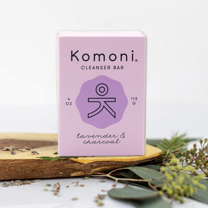 Lavender activated charcoal cleansing bar - KOMONI natural detox soap purple packaging