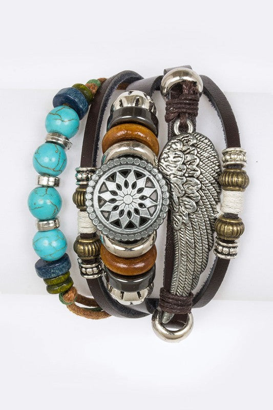 Leather bracelet set with wing charm and turquoise beads - boho layered jewelry