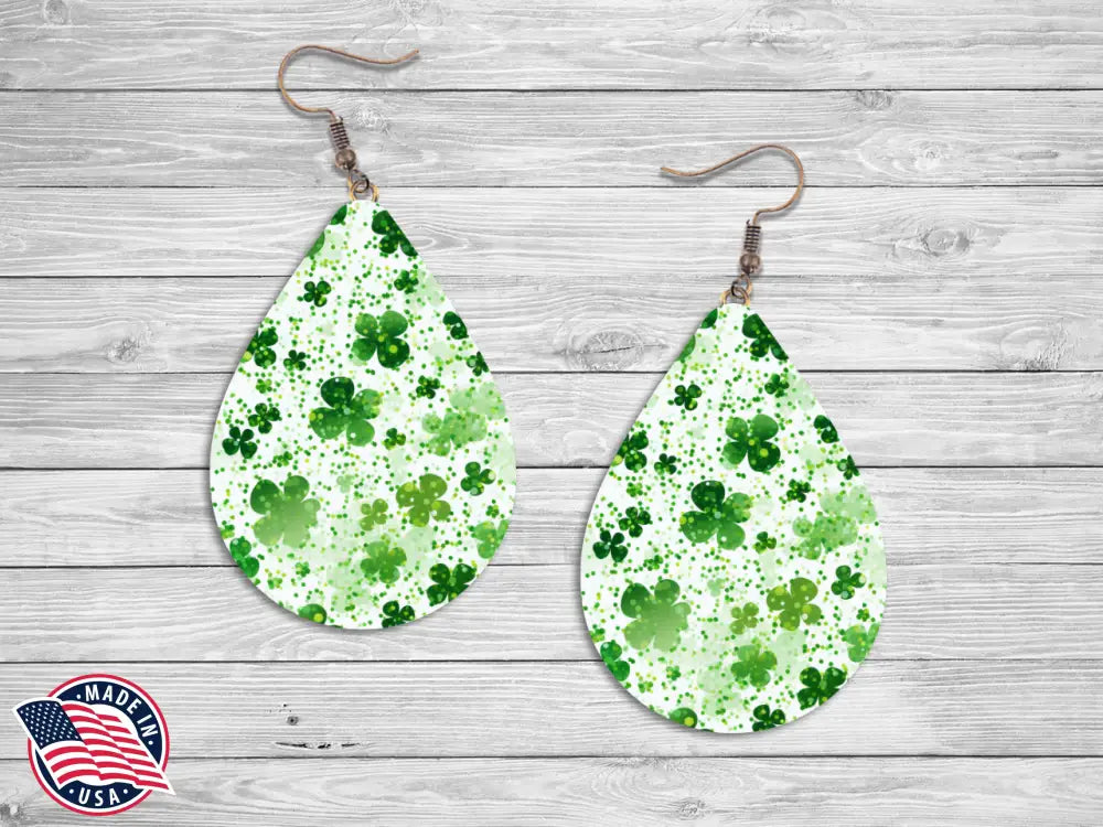 Luck of the Irish green shamrock leather teardrop earrings St. Patrick's Day dangle 1 3/4 inch USA made