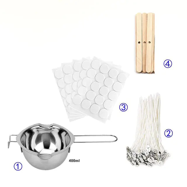 Candle Tool Kit 04 - Collection of items including stainless steel double boiler, labels, wicks and wooden wick holders on white background