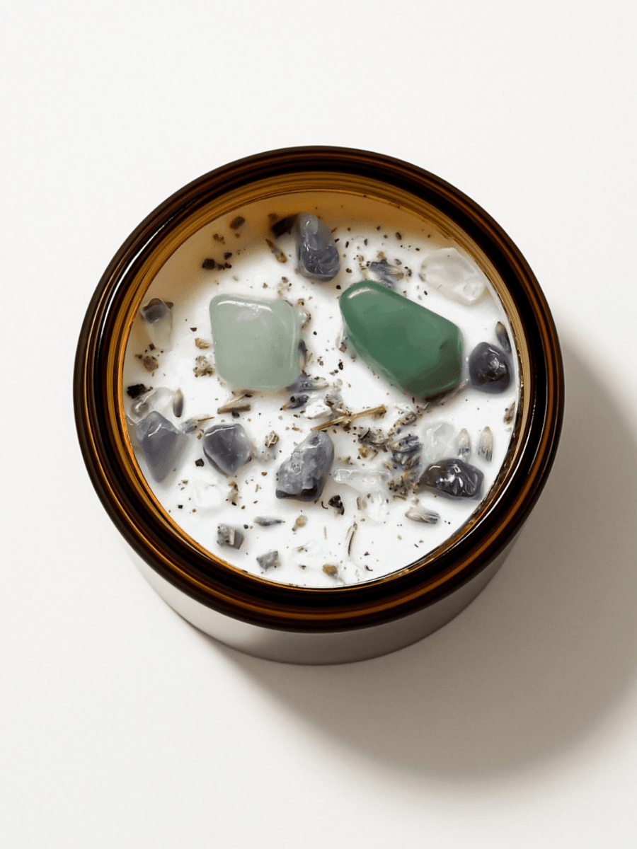 White Heal ritual candle in amber glass jar with decorative green stones and juniper on white background - closeup top view