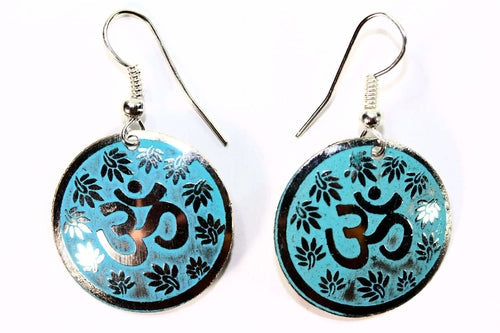 Sacred Om symbol and lotus petal yoga earrings in turquoise and gold - spiritual jewelry detail