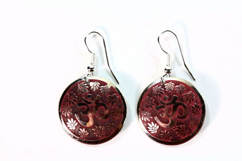 Boho spiritual Om earrings with lotus petal design in terracotta and gold finish - closeup detail