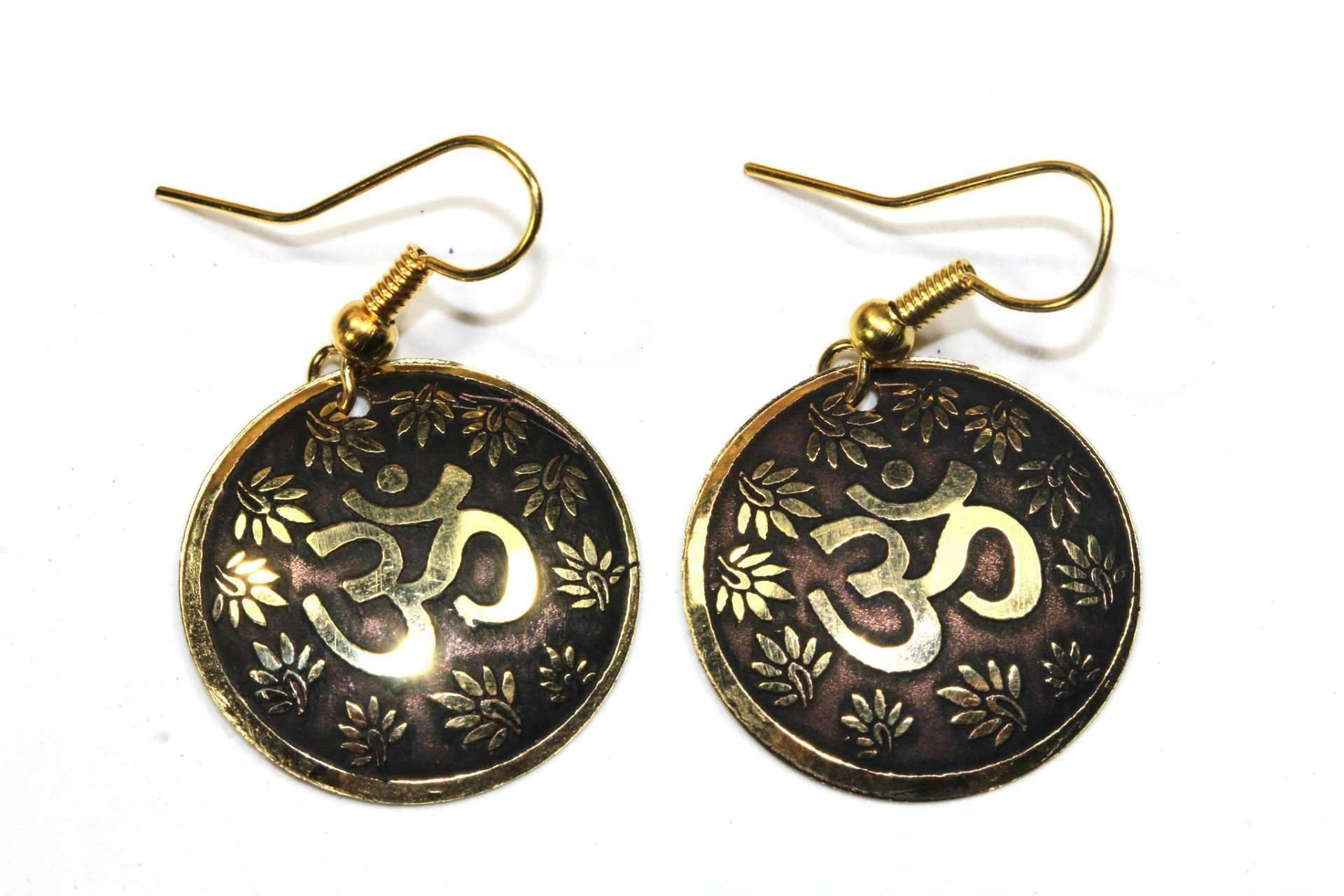 Brown and gold Om lotus petal yoga earrings with sacred symbol dangle charms on white background - front view