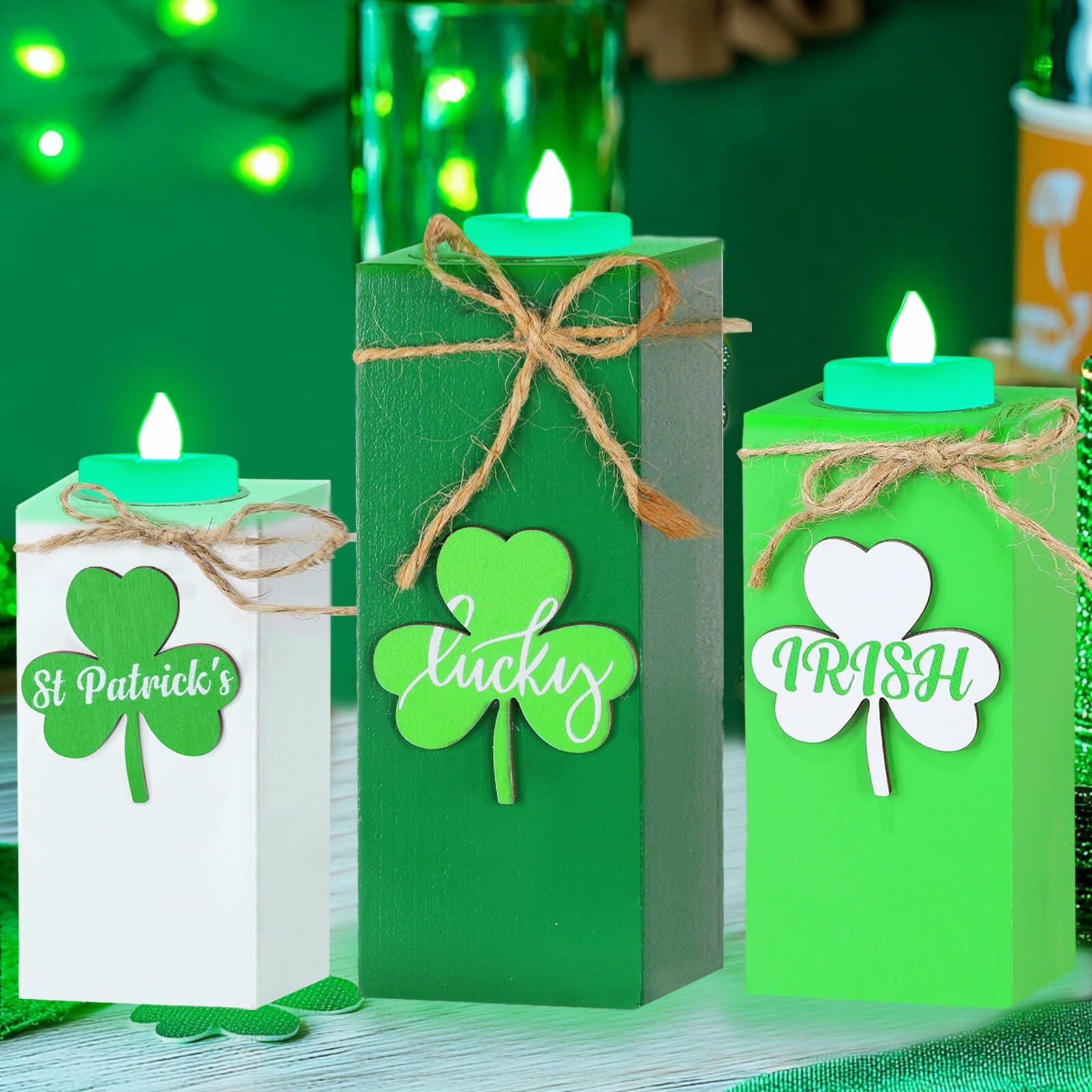 St. Patrick's Day flameless candles shamrock design LED tea lights wooden holders festive decor