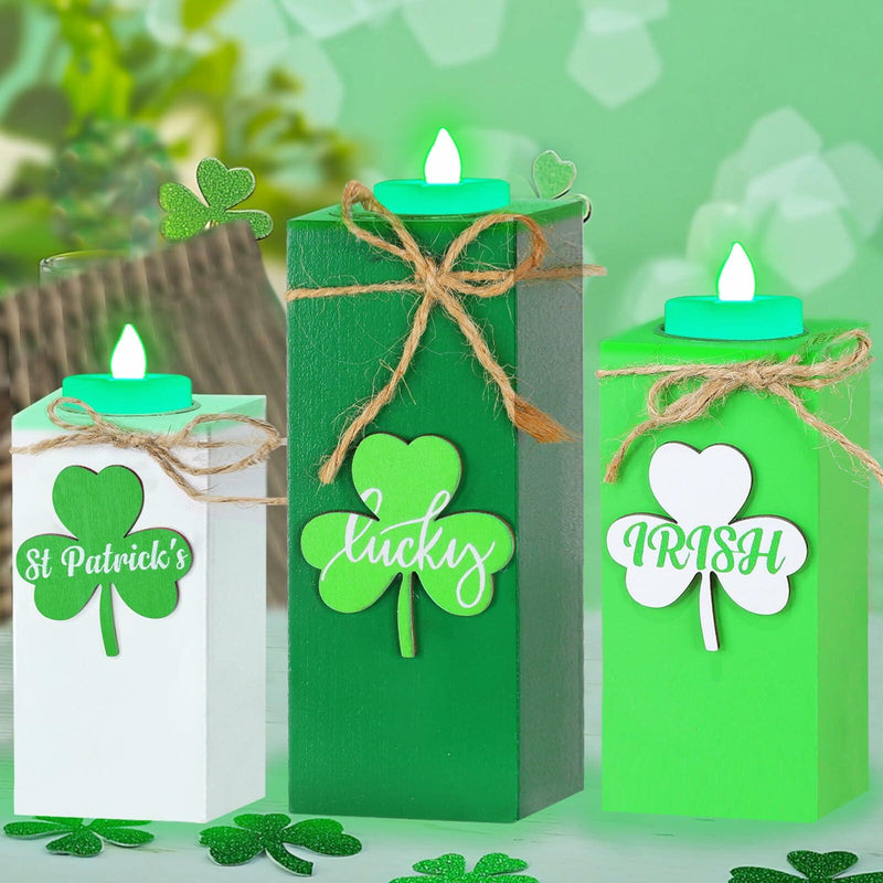 St. Patrick's Day flameless tea light candles 3 pack shamrock LED wooden holders green white lucky Irish
