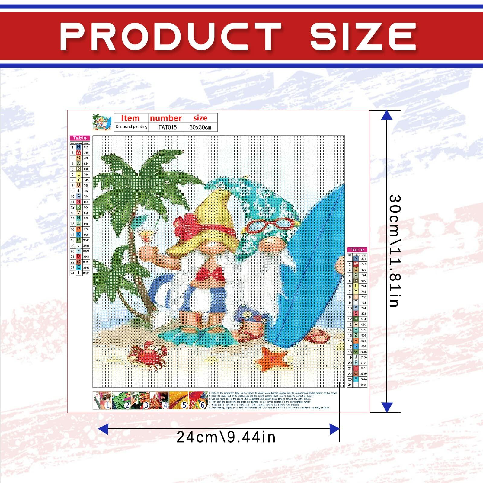 Diamond painting kit with a design of two gnomes on a beach, surrounded by palm trees and sea creatures, with product size dimensions displayed.