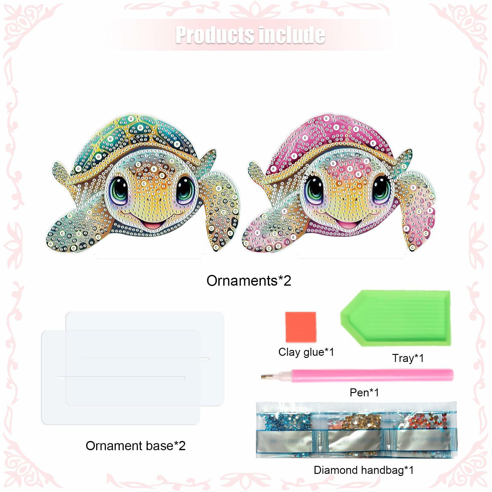 Two colorful turtle diamond art kit with accessories on a white background