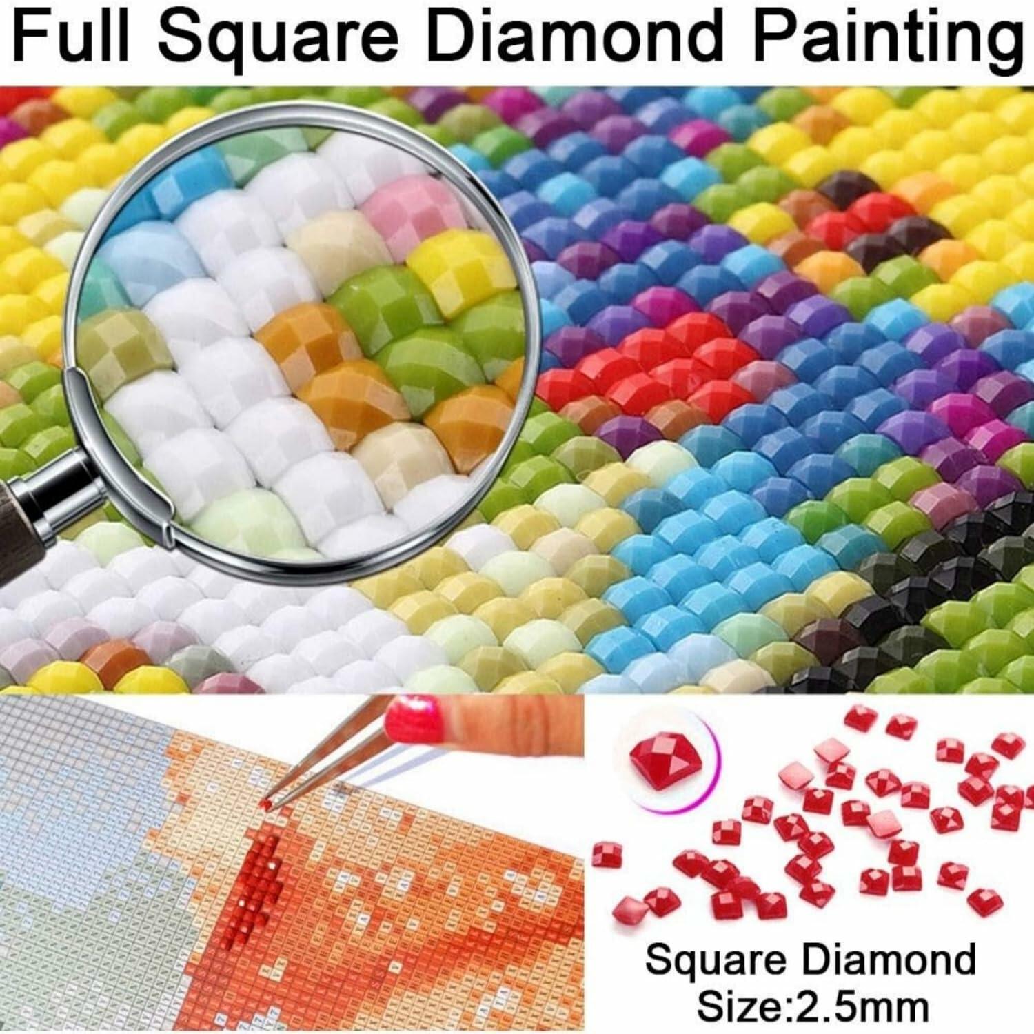 Closeup of diamond painting and process with magnifying glass, tools, and square diamonds.