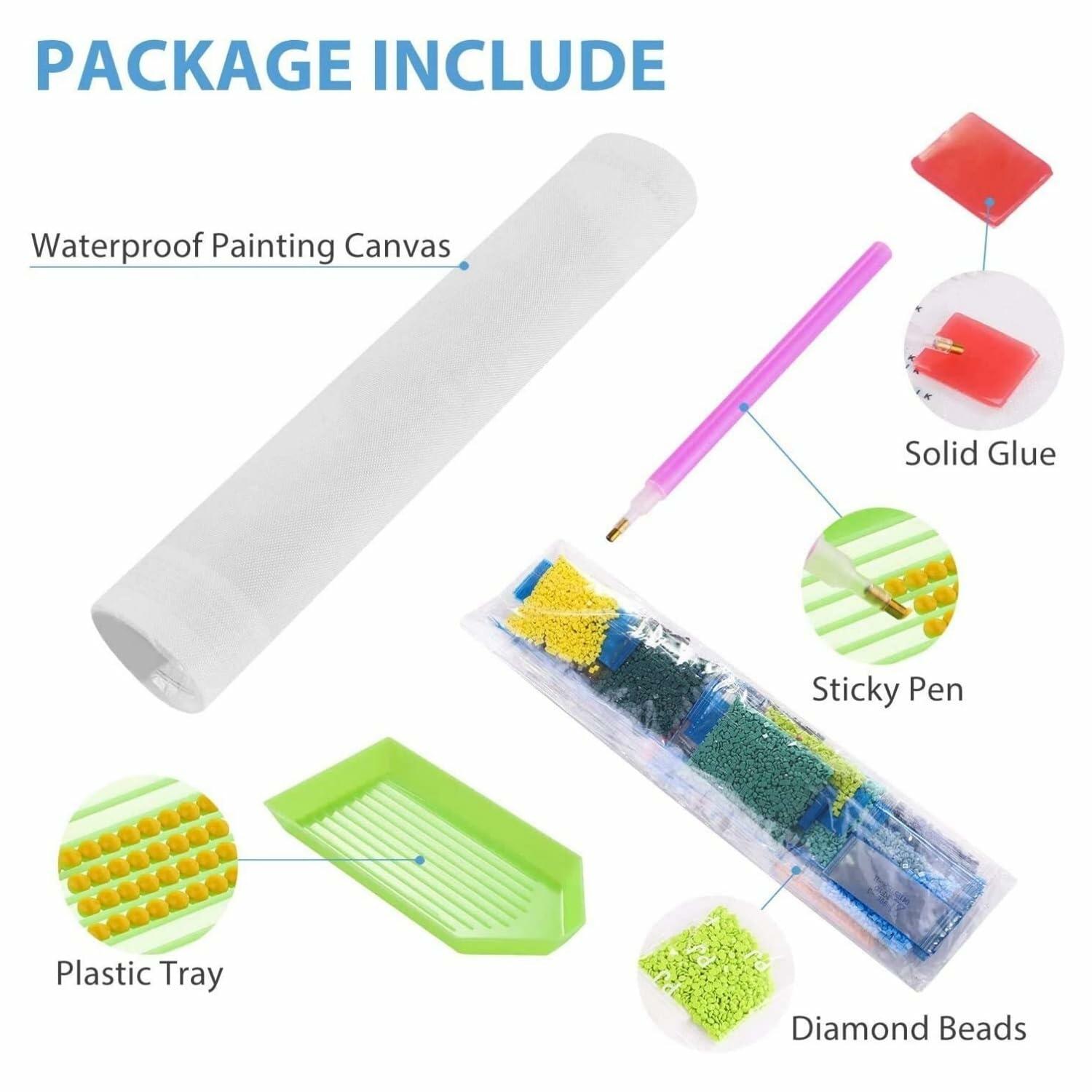 Koala Diamond Art Kit contents including waterproof painting canvas, solid glue, sticky pen, plastic tray, and diamond beads.