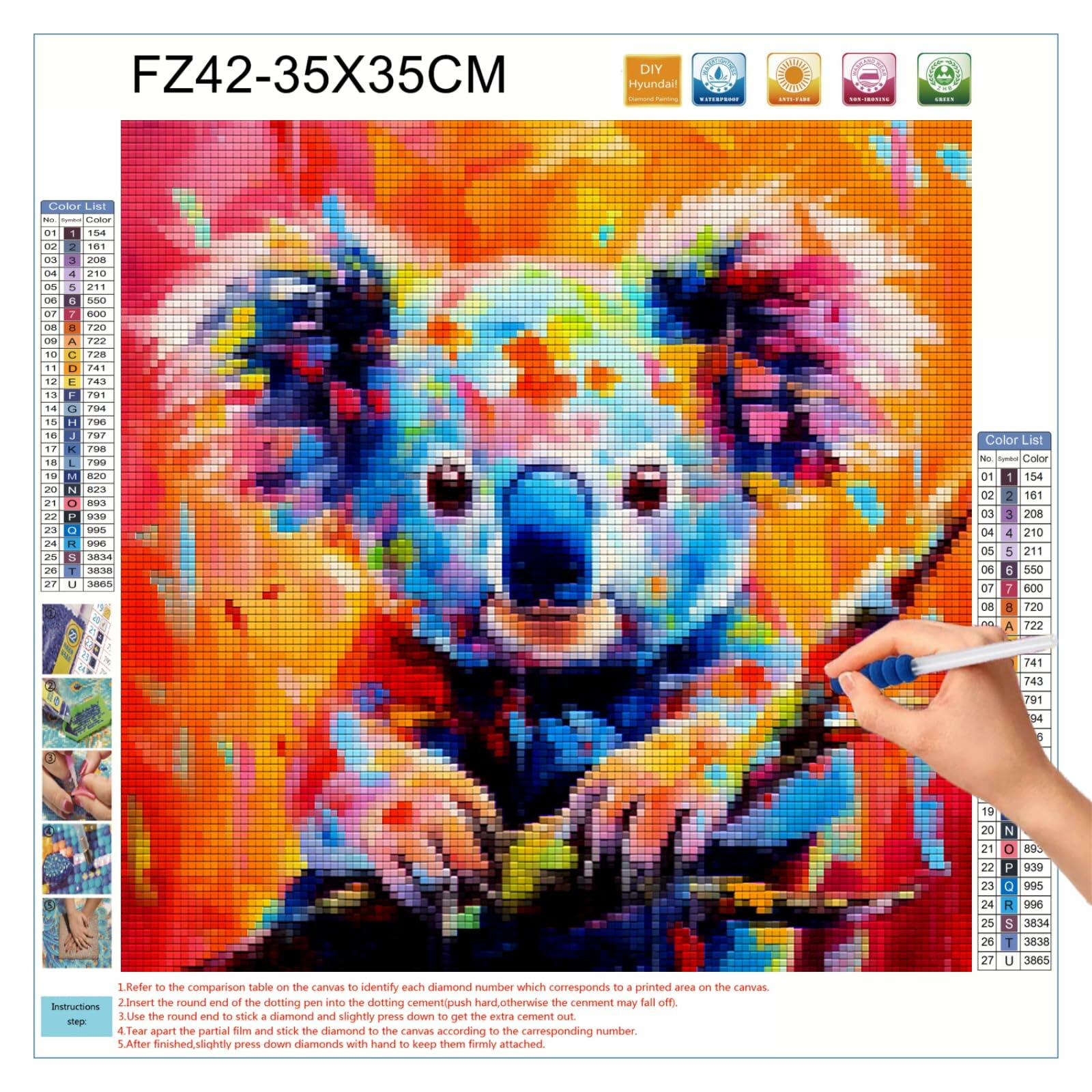 Colorful koala diamond painting kit with a hand holding a diamond art drill pen with a color chart on the side.