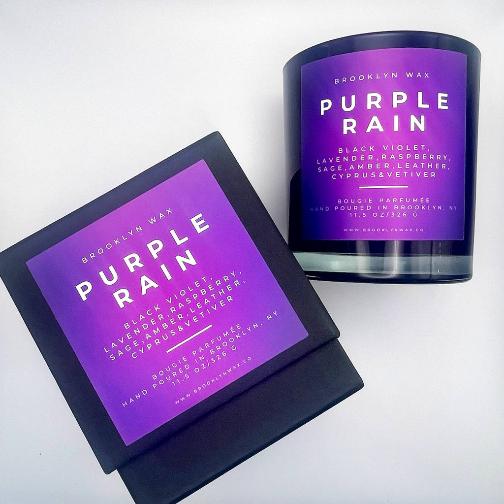 Purple Rain candle and black box packaging by Brooklyn Wax on white background 