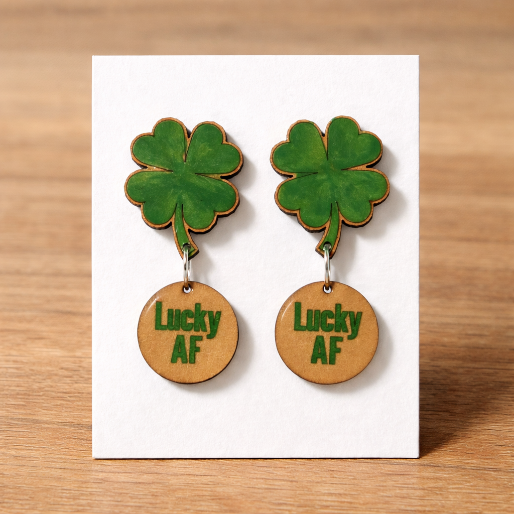 Lucky AF shamrock earrings pair green clover wood dangle St. Patrick's Day Irish pride statement jewelry