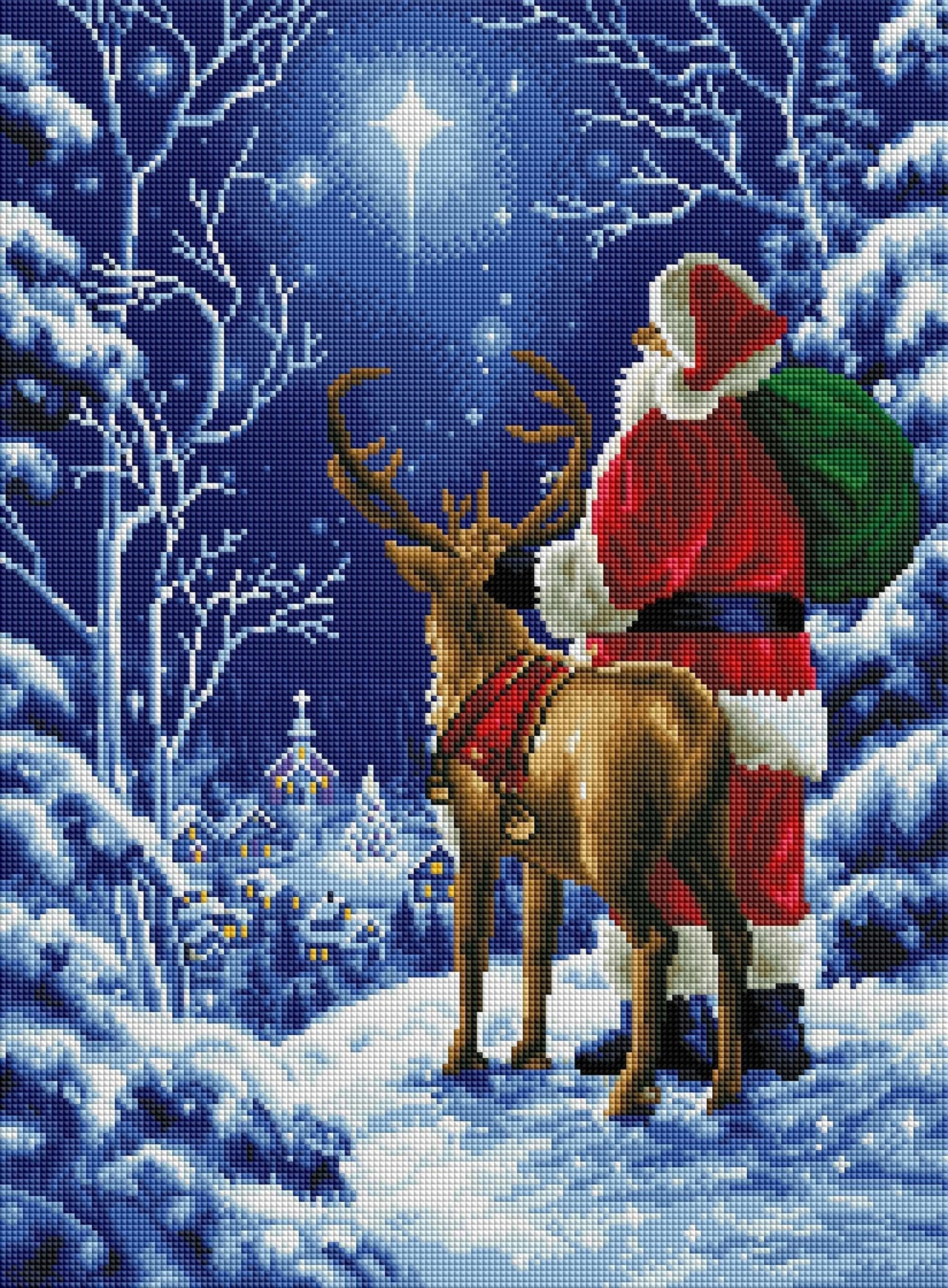 Diamond art kit canvas of a scene of Santa Claus with a reindeer in a snowy landscape