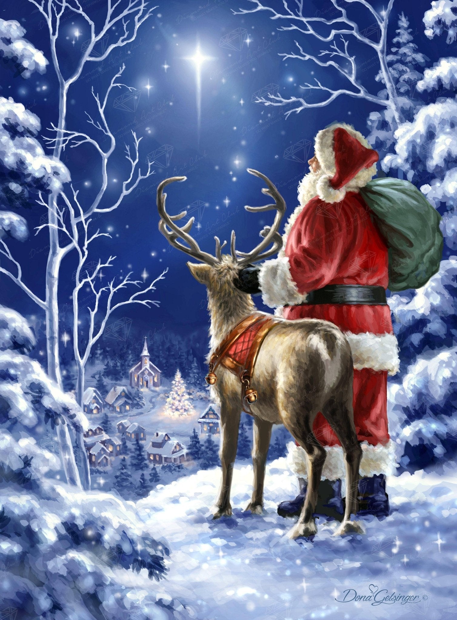Santa Claus standing with a reindeer in a snowy landscape with a starry sky.