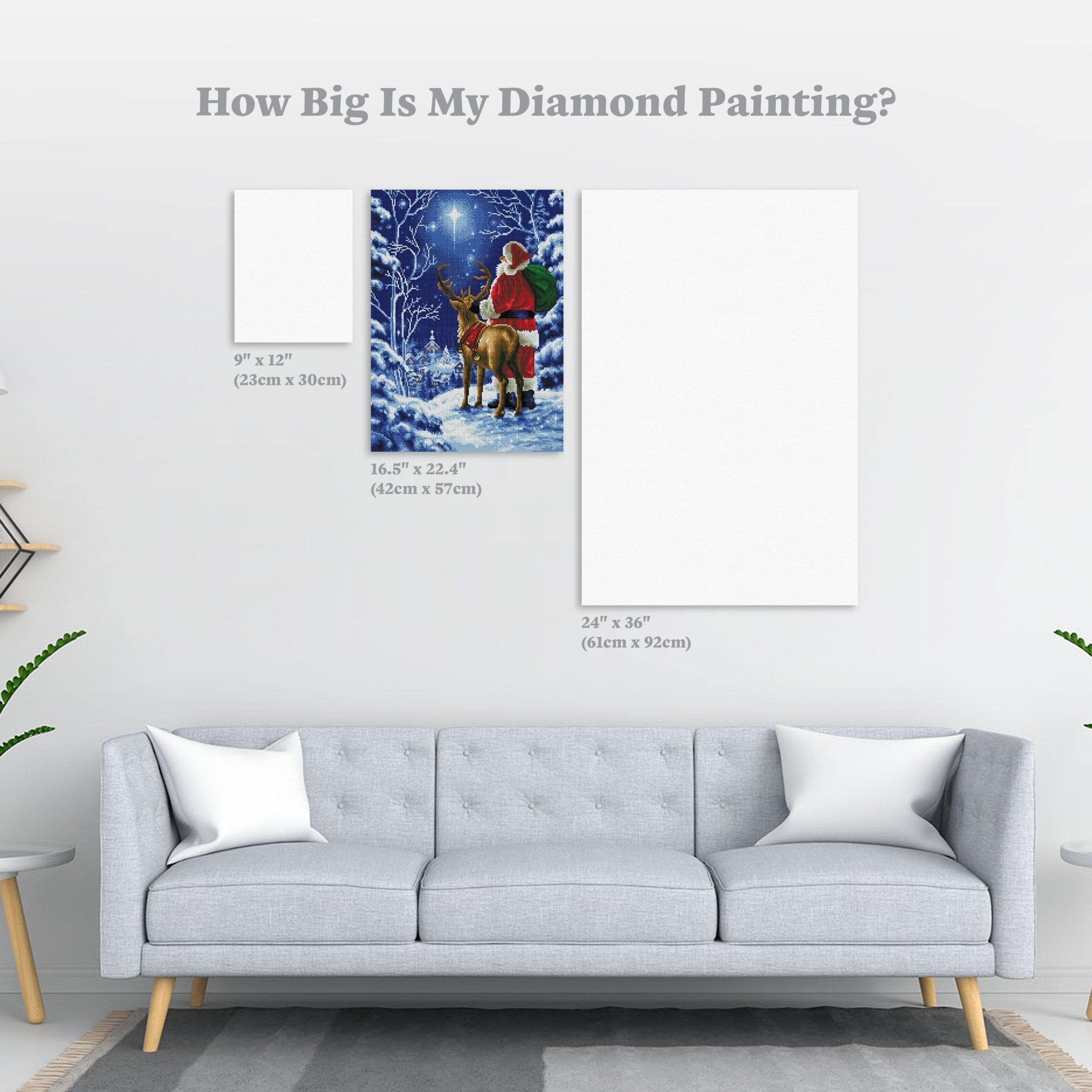 Gray sofa with a diamond painting of Santa Claus with a reindeer, showing different sizes.