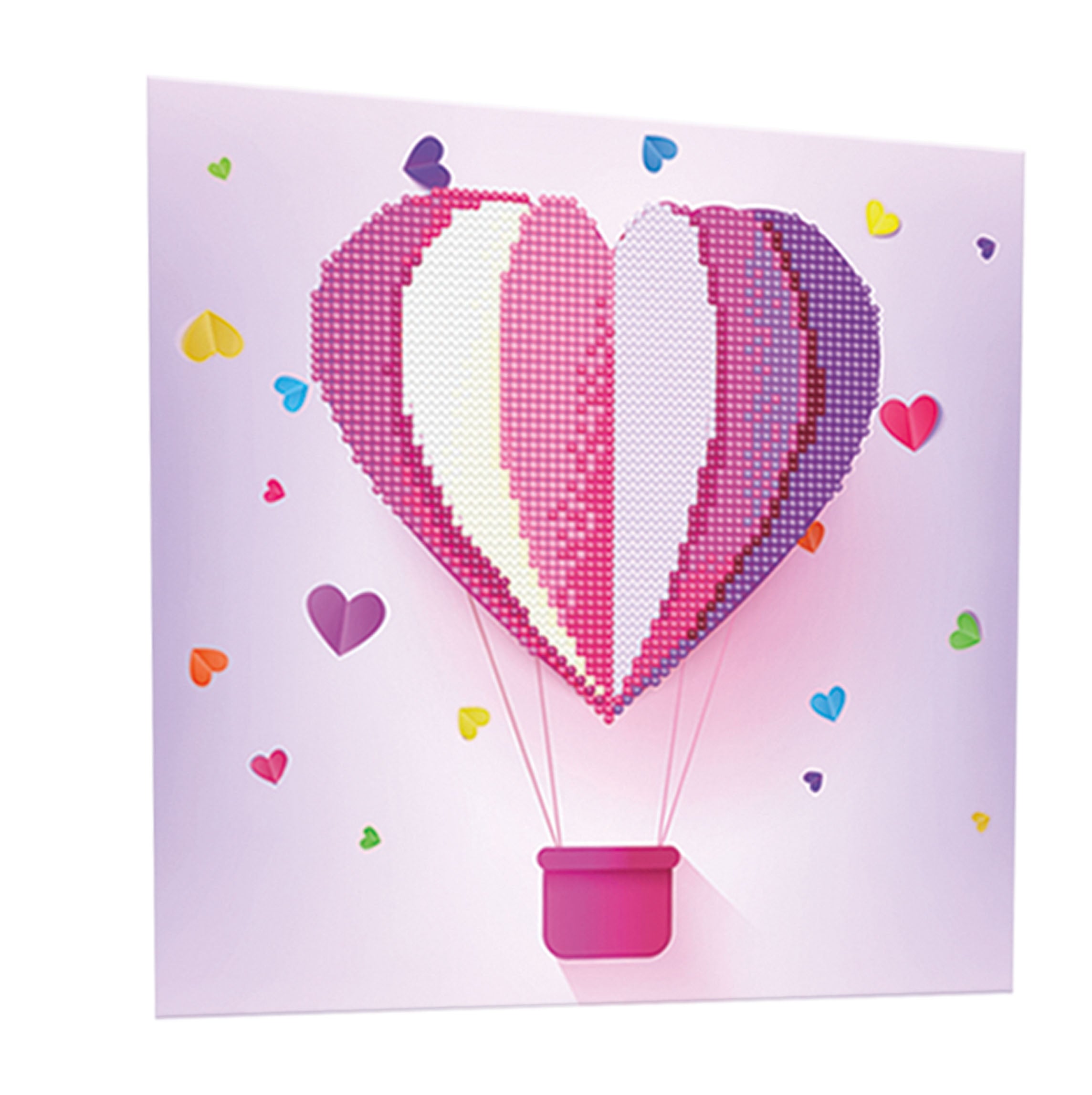 Heart-shaped hot air balloon diamond art on pre-stretched canvas with colorful hearts on light purple background for Valentine's Day decor