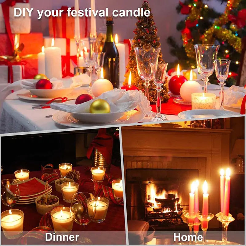 Collage of festive candlelit dinner scenes with Christmas decorations