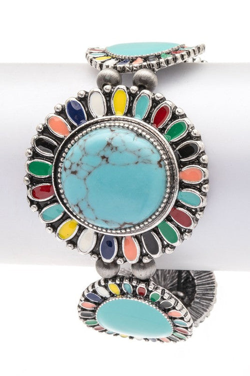 Multicolored turquoise stone Western bracelet with multicolor rainbow design - boho statement jewelry