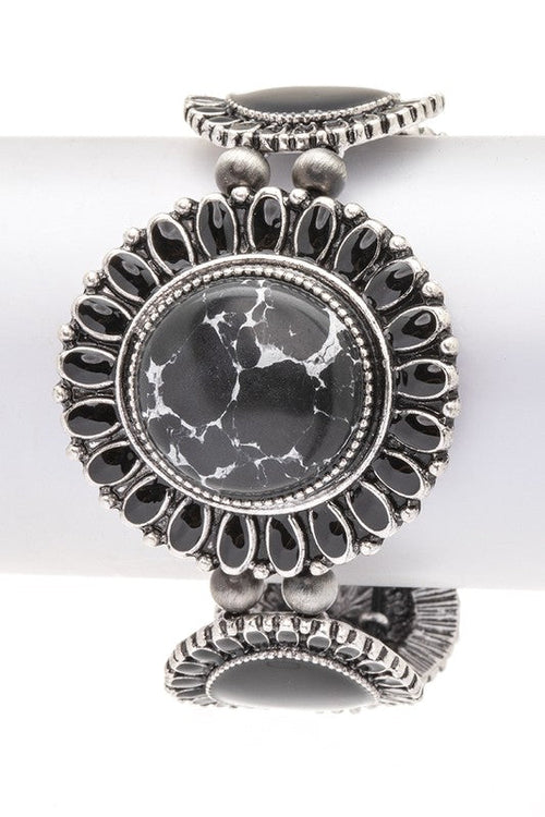 Silver and black turquoise Western stone bracelet with slip-on stretch design - stackable rainbow boho jewelry