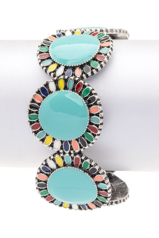 Close-up of multicolor turquoise stones in stretch bracelet - Southwest boho jewelry