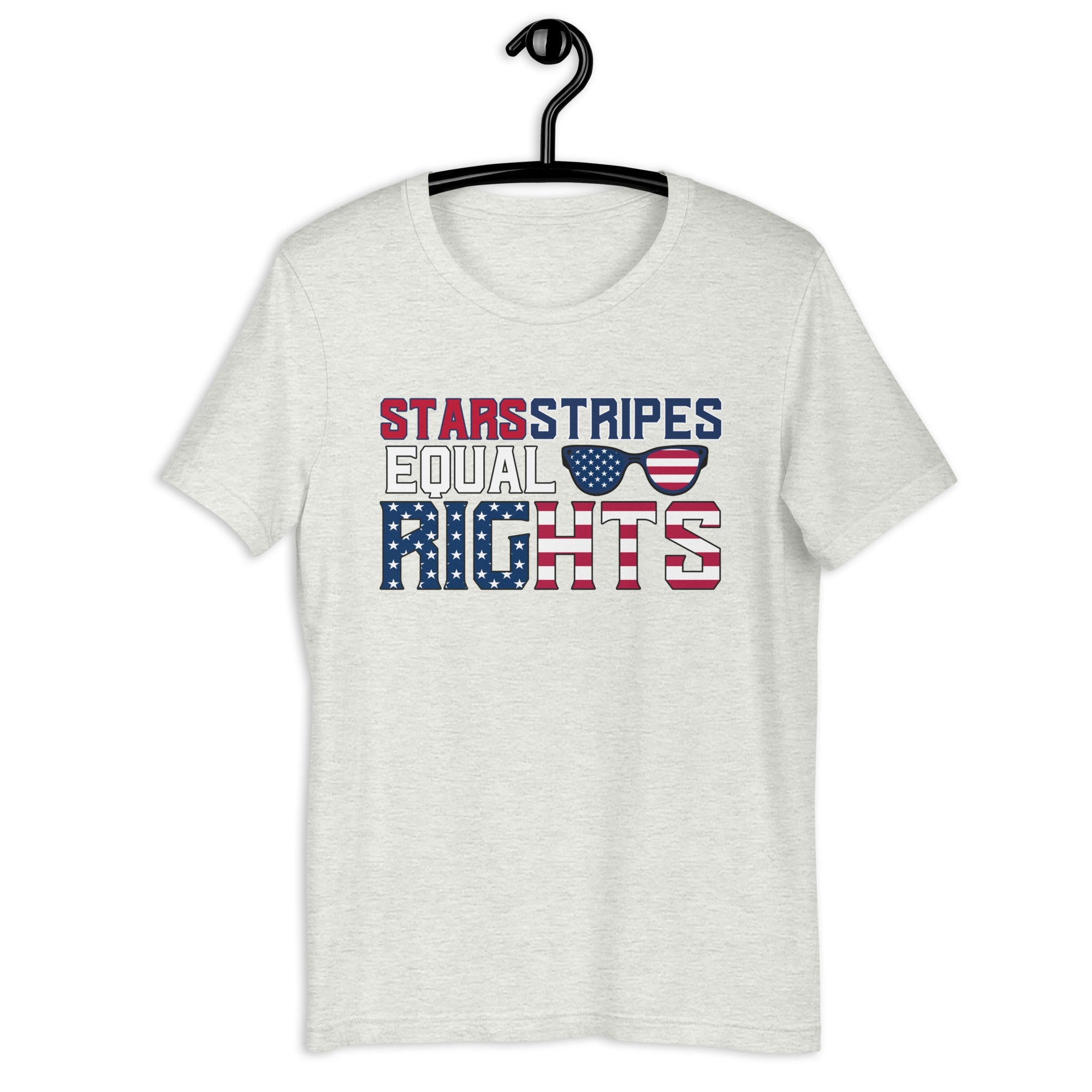 Ash unisex t-shirt with 'Stars and Stripes Equal Rights' text on hanger against white background