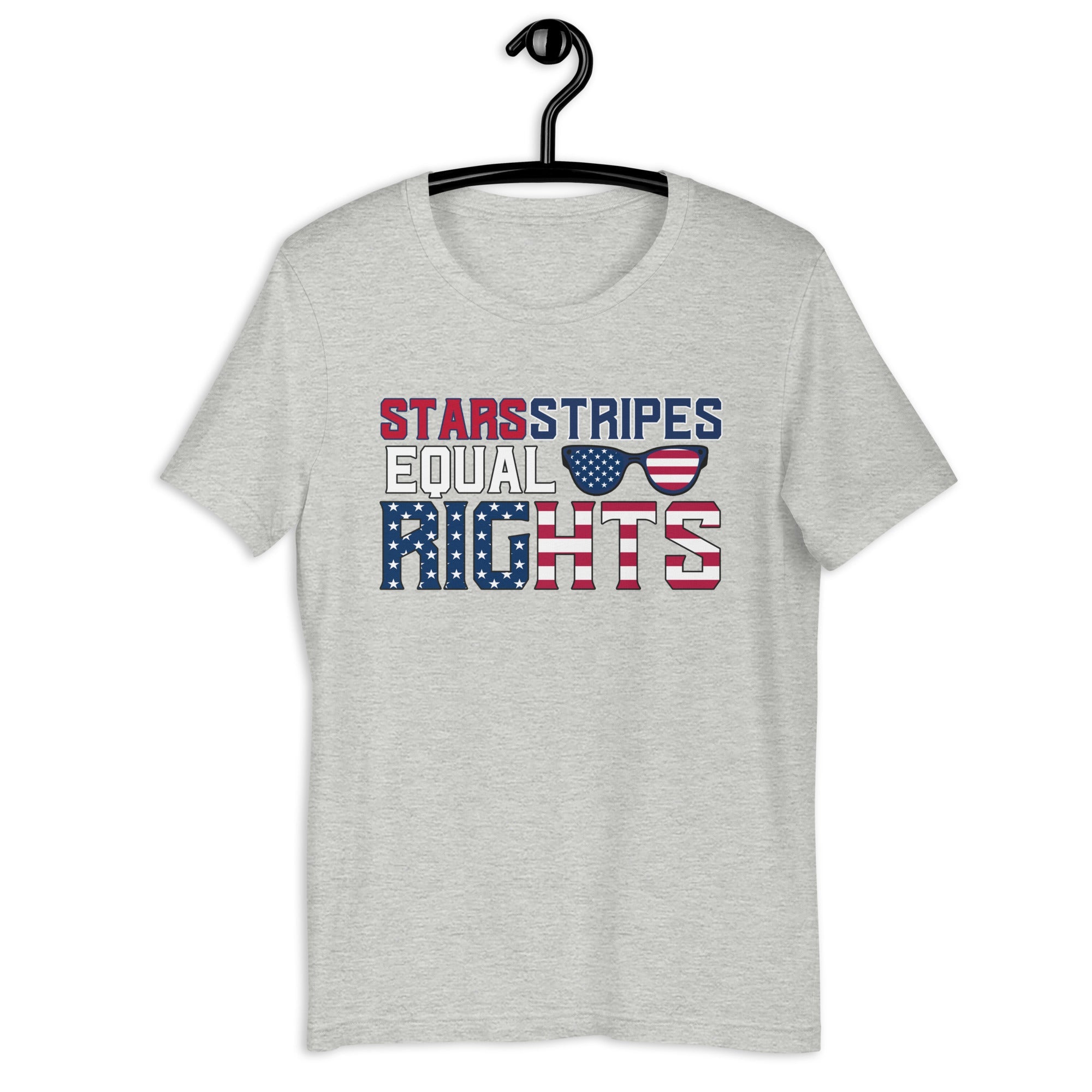 Athletic heather unisex t-shirt with 'Stars and Stripes Equal Rights' text on hanger against white background