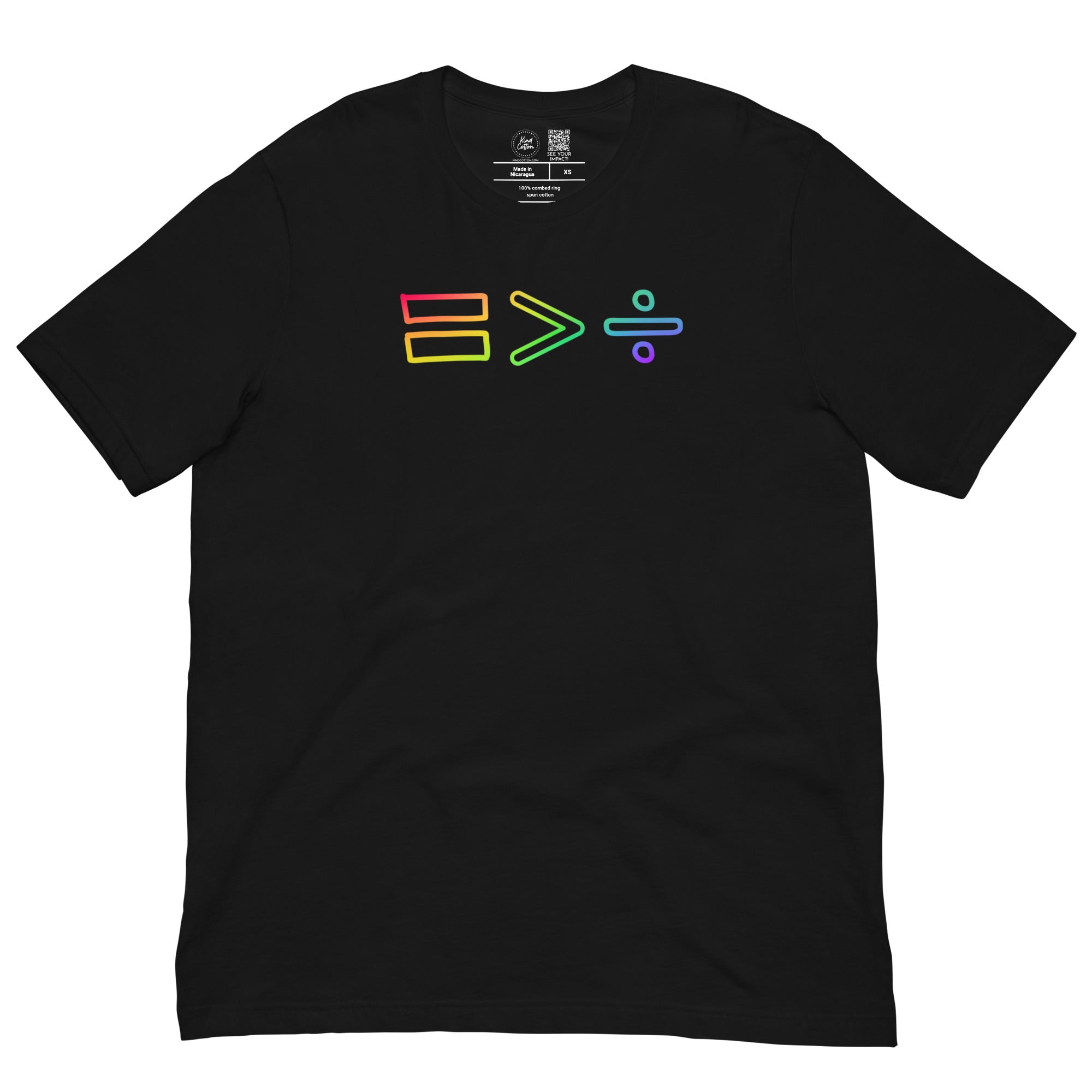 Black unisex t-shirt with colorful equality greater than division mathematical symbols on white background