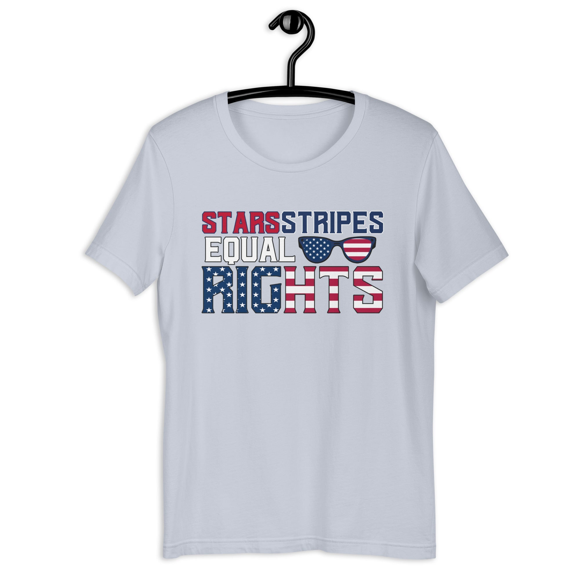 Light blue unisex t-shirt with 'Stars and Stripes Equal Rights' text on hanger against white background