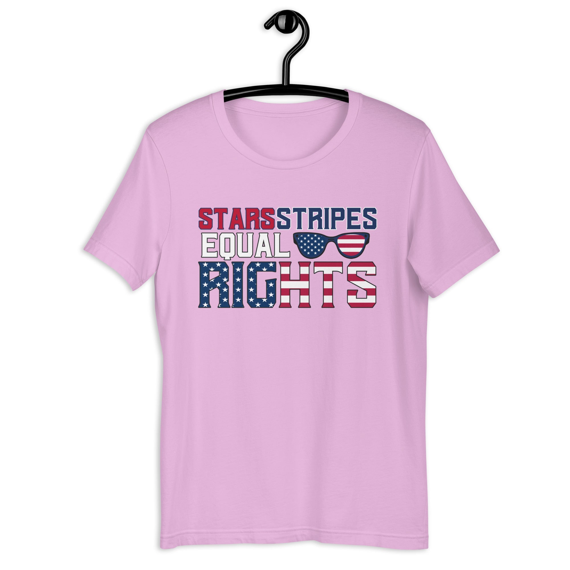 Lilac unisex t-shirt with 'Stars and Stripes Equal Rights' text on hanger against white background