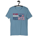 Steel blue unisex t-shirt with 'Stars and Stripes Equal Rights' text on hanger against white background