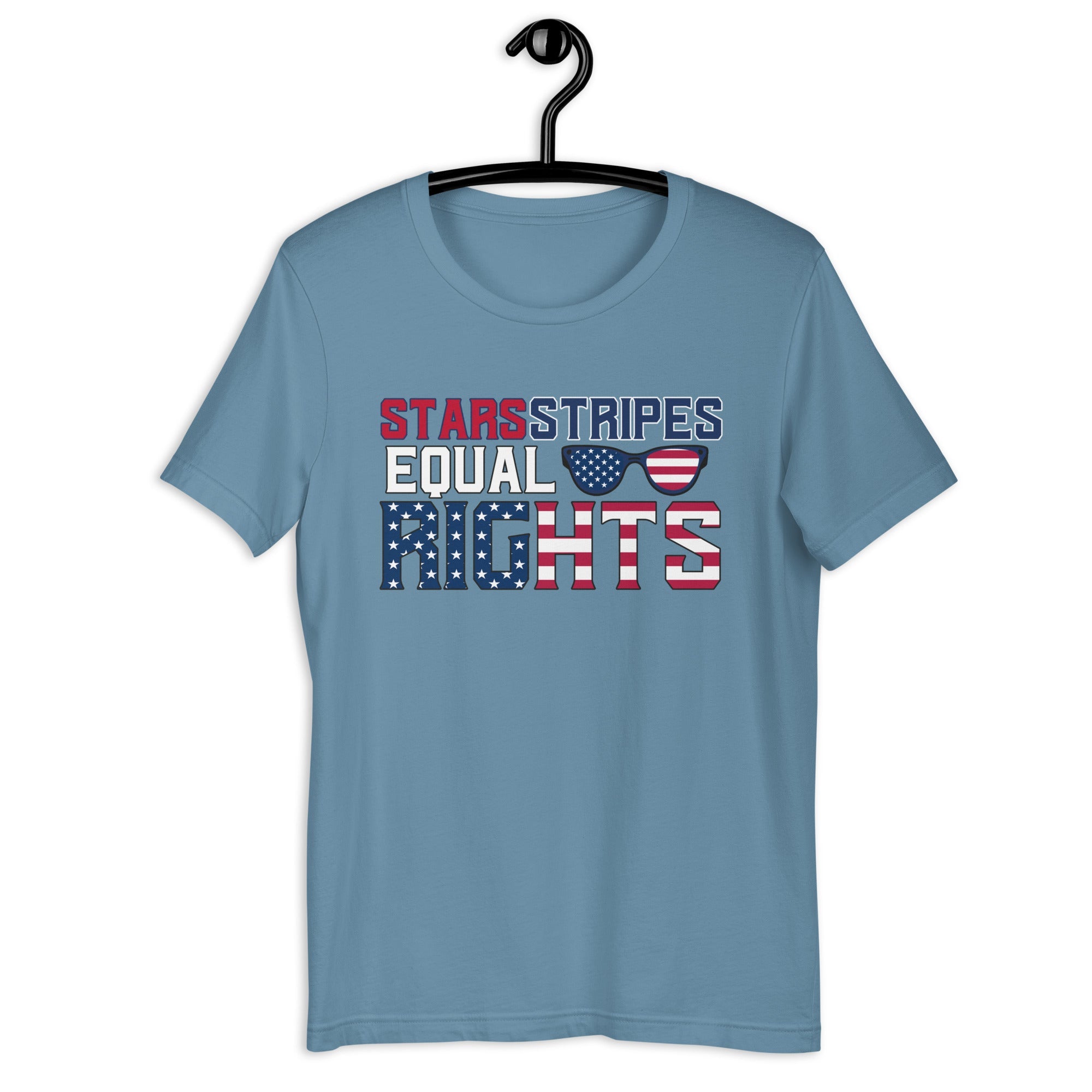 Steel blue unisex t-shirt with 'Stars and Stripes Equal Rights' text on hanger against white background