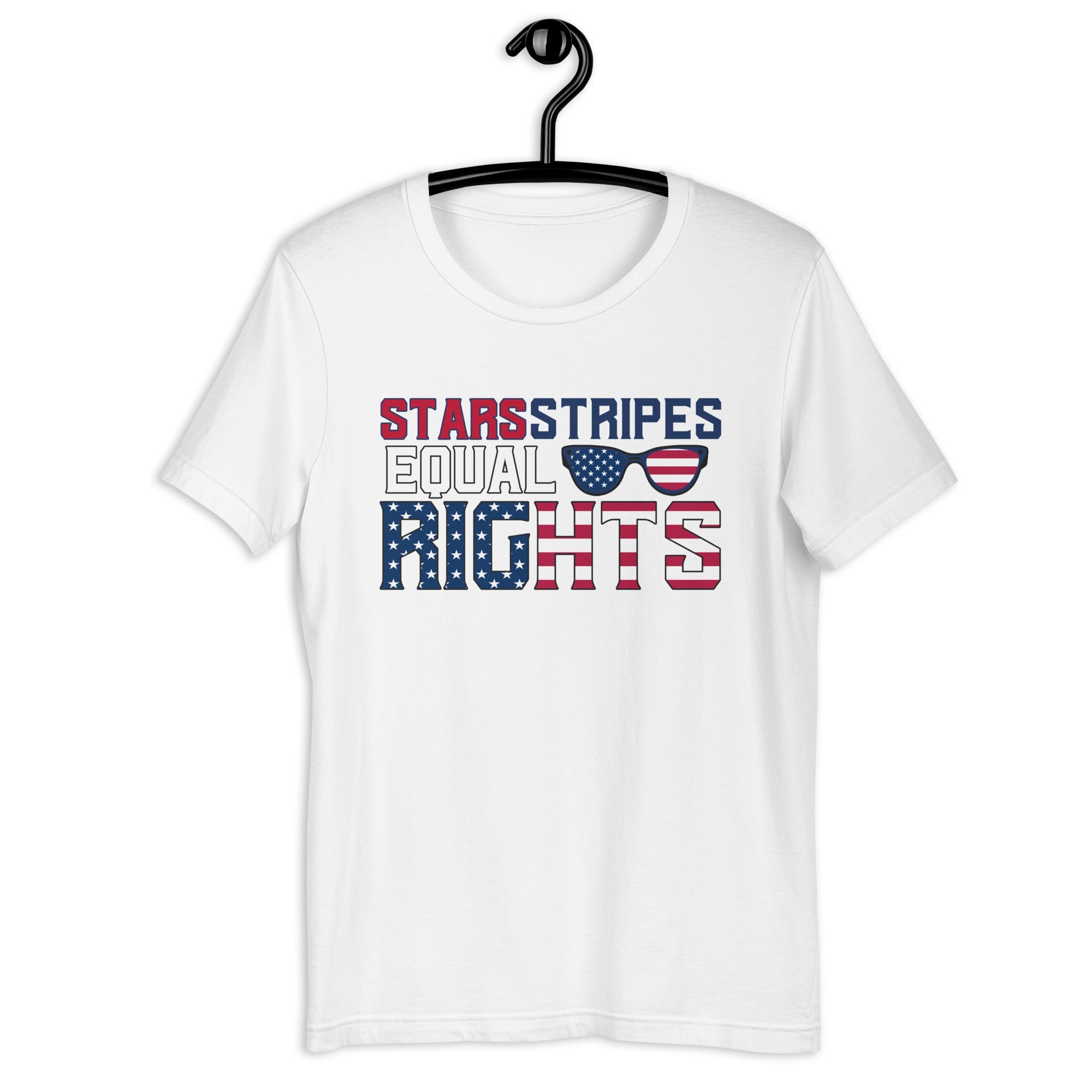 White unisex t-shirt with 'Stars and Stripes Equal Rights' text on hanger against white background