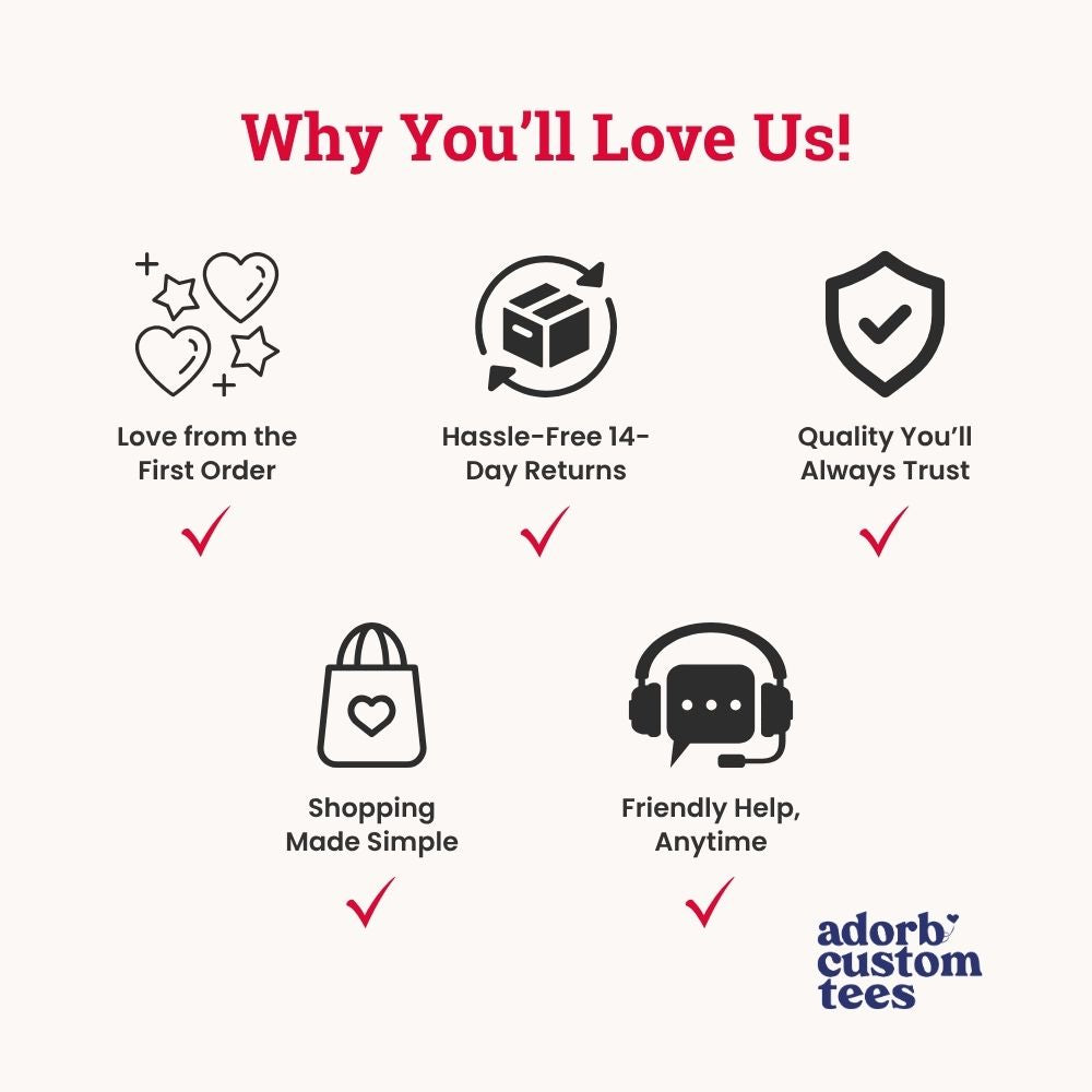 List of reasons why customers love Adorb Custom Tees with icons on white background