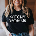 Woman wearing black heather Witchy Woman graphic t-shirt - spiritual boho tee for women